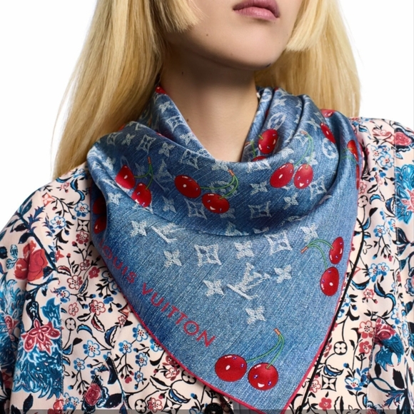 Blue Cherry Print Scarf - Picture 1 of 13